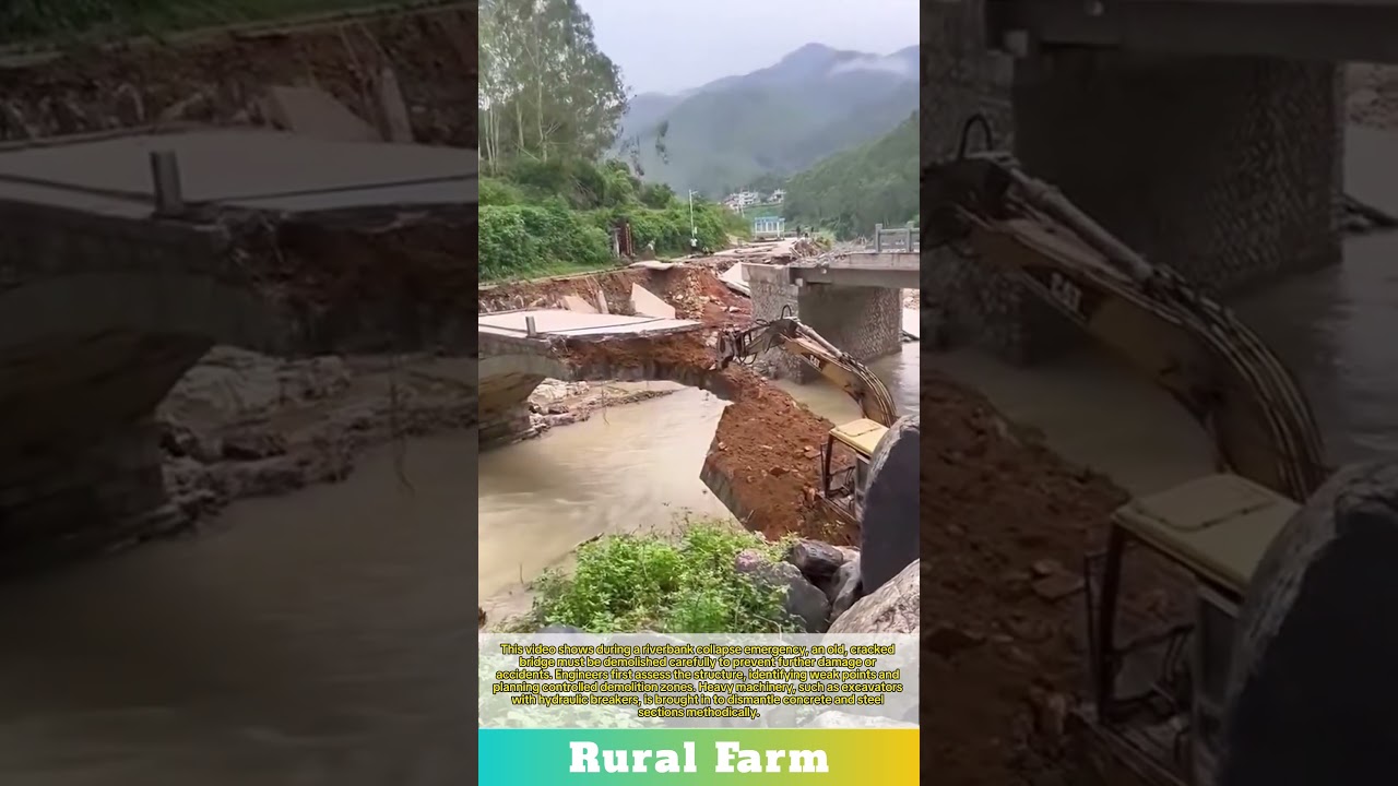 Riverbank collapse emergency: old cracked bridge demolition