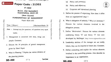 BCA 1ST SEM FUNDAMENTALS OF MANAGEMENT 2020 | MJPRU