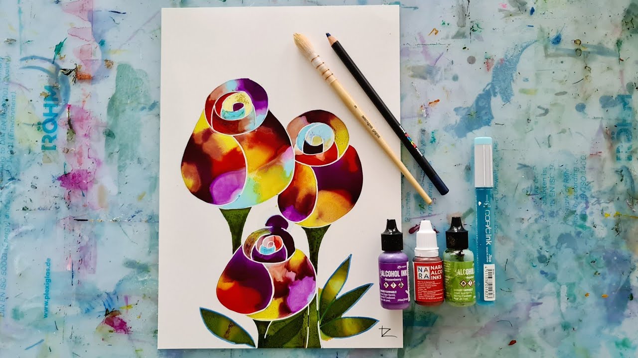 Negative Space Colouring with Alcohol Inks and Posca Pens 