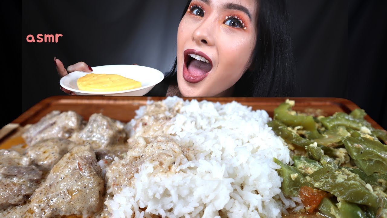 ASMR EATING BICOL EXPRESS + MAJA BLANCA + GINISANG AMPALAYA (BITTER MELON) | FILIPINO FOOD MUKBANG