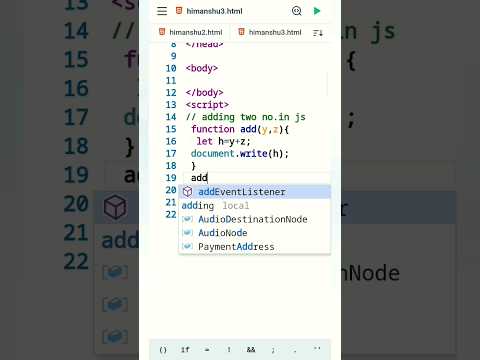 adding two number using function method of javascript #himanshudubey shorts