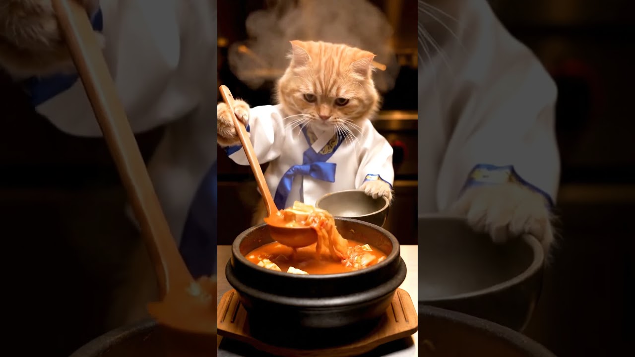 Stirring steaming pot, this clever cat nearly serves delicious surprise dish
