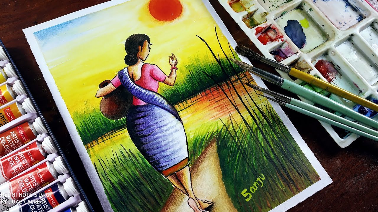 Watercolor painting | Beautiful Scenery drawing | Girl Drawing ...