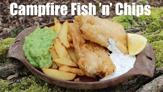 Beer Battered Fish and Chips Cooked on the Campfire.  Homemade Tartare Sauce.  Cast Iron Cooking.