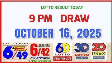 LOTTO RESULT TODAY 9PM Draw October 16, 2025 PCSO