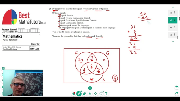 Venn diagrams and probabilities, Edexcel June 2018 GCSE Maths Higher Tier Paper 3 Question 20