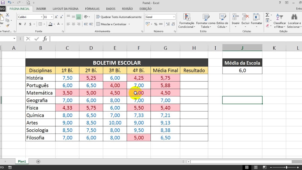 Boletim Escolar no Excel com Média Final e Resultado