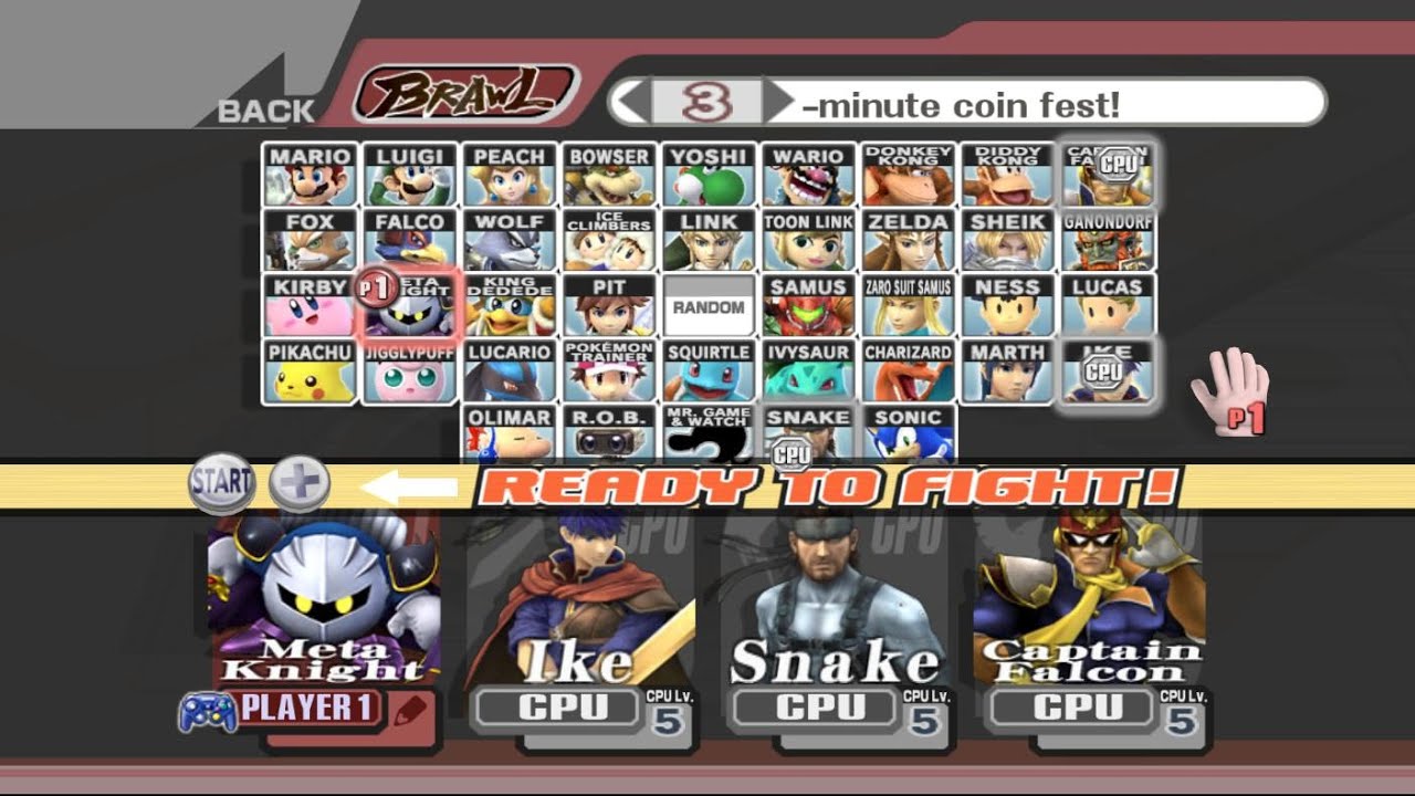 Meta Knight VS Ike VS Snake VS C Falcon | 3 Min Coin | Super Smash Bros Brawl Fight 171