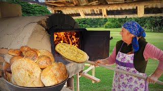 Village Bread Recipe - Grandma Baking Milk Breads in a Traditional Wood Fired Oven in my Village