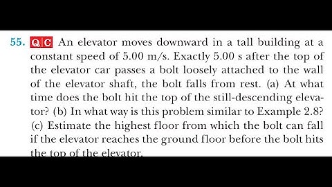 An elevator moves downward in a tall building at a constant speed of 5.00 m/s. Exactly 5.00 s after