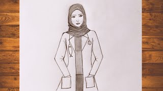 Girl Doctor Drawing || How to draw a Doctor girl with hijab || A girl with hijab - Pencil sketch ||