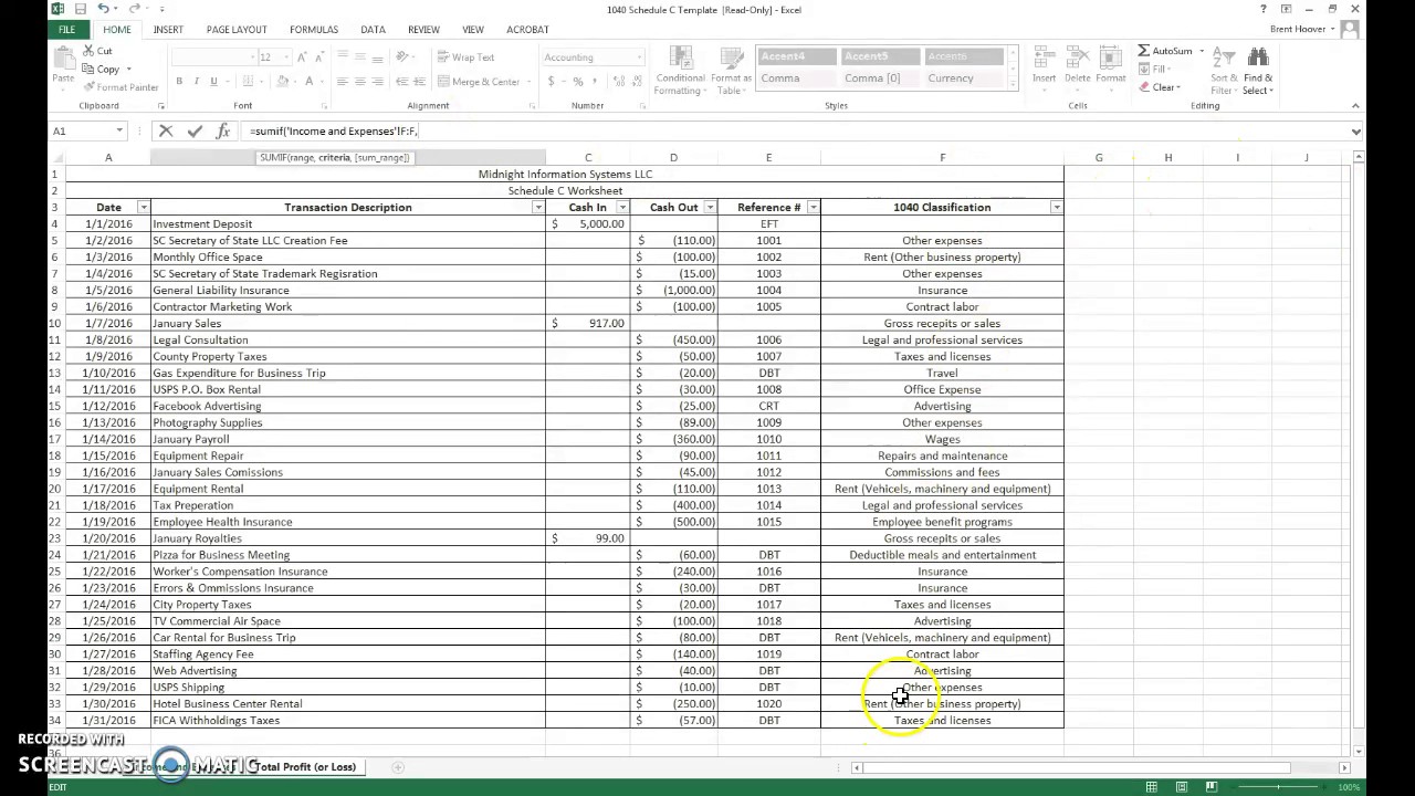 Schedule C Worksheet Excel - Worksheet List