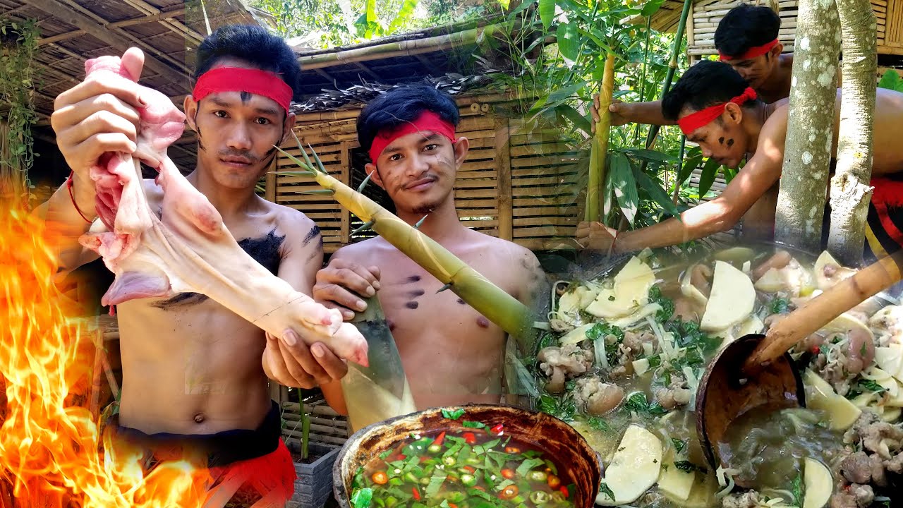 Bamboo Cooking with pork recipe so delicious Traditional cooking skill by Two Wild Men