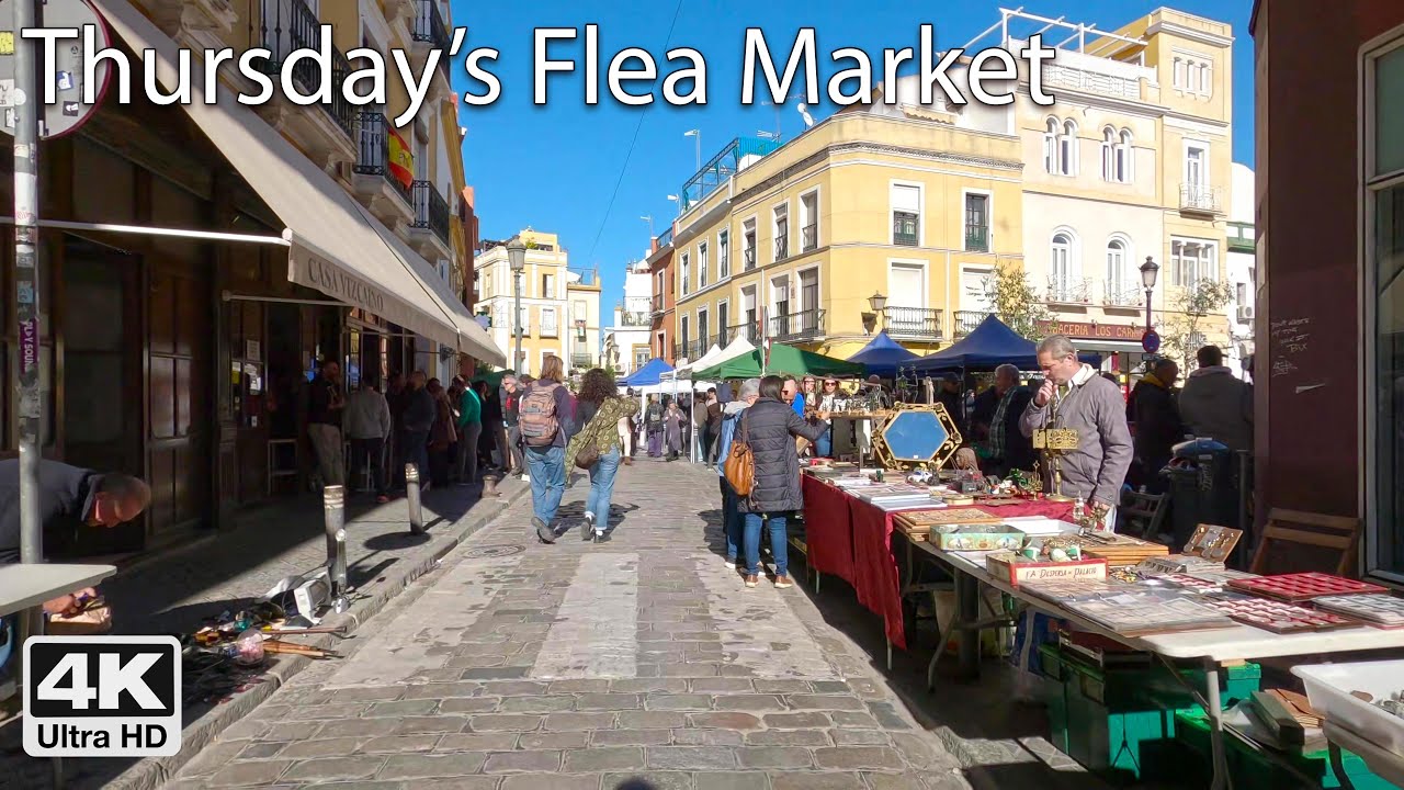 Seville's downtown Thursday flea market 🗝️🛍️ 4k Virtual Walking Tour, Spain 🇪🇸