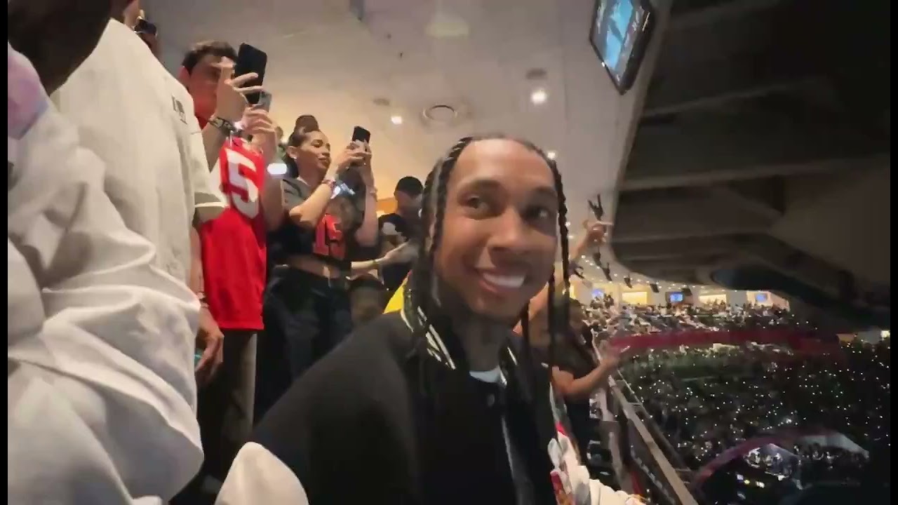 Tyga reacting to 'Not like us' at the superbowl Live 