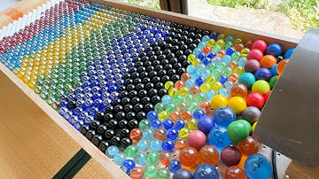 Make a 9-row rainbow marble run course using a wooden sound device & winding & large funnel. #ASMR