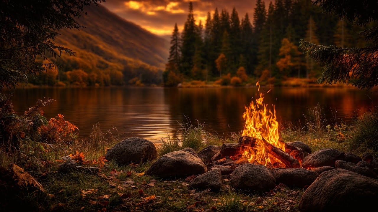 Cozy Fall Vibes with Lakeside Campfire  🍁 Autumn Forest Fireplace, Water & Birds Sounds 🍂