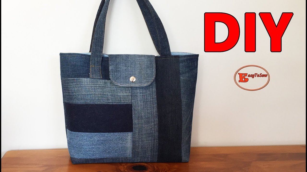 DIY DENIM PATCHWORK TOTE BAG FROM SCRAPS WITH SNAP BUTTON CLOSURE ...