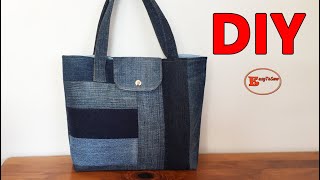 DIY DENIM PATCHWORK TOTE BAG FROM SCRAPS WITH SNAP BUTTON CLOSURE SEWING TUTORIAL|BAG MAKING AT HOME