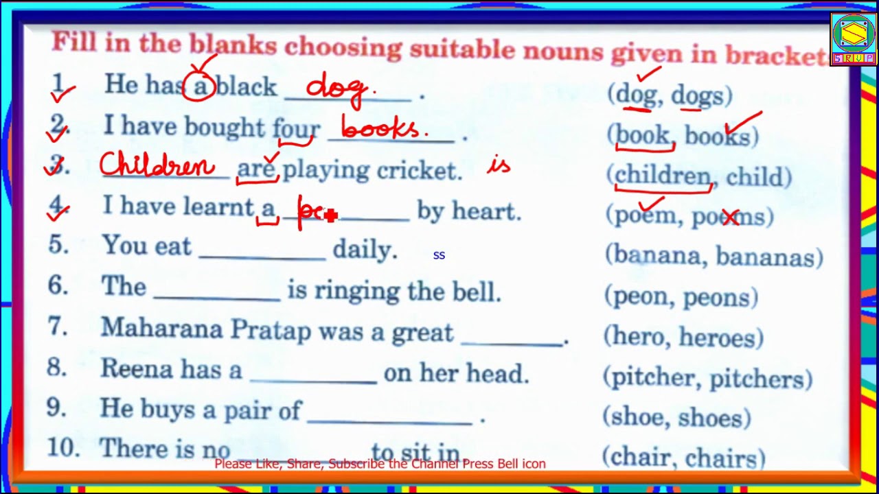 NOUNS EXERCISE English Grammar Noun Singular & Plural Fill ups Part 01 NCERT HBSE CBSE HARYANA