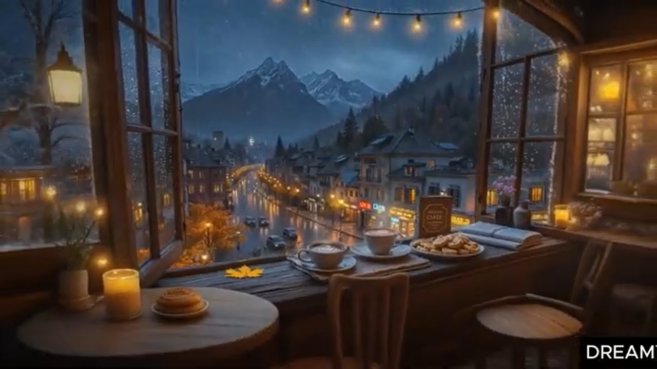 Peaceful Rainy Night in a Mountain Café – Soft Piano, Candlelight