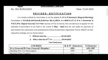 Degree II IV VI Semester exam fee revised notification may 2023 KU exams