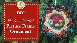 fabric ornament no sew Christmas ornament gold bow stars violet and sparkle purple fabrics and wreath charm Holiday quilted ornament