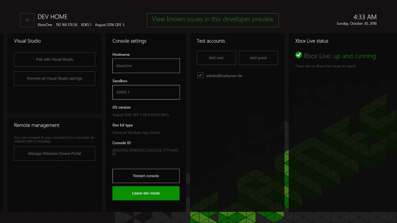 Xbox One S Dev Mode 2 Dev Menu YouTube
