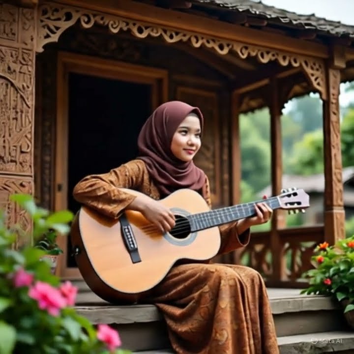 cewek berhijab cantik sedang memainkan gitar duduk #shortmusik #musikrelaksasi #trendingmusik #short