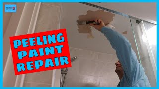 Repairing peeling paint in a bathroom.