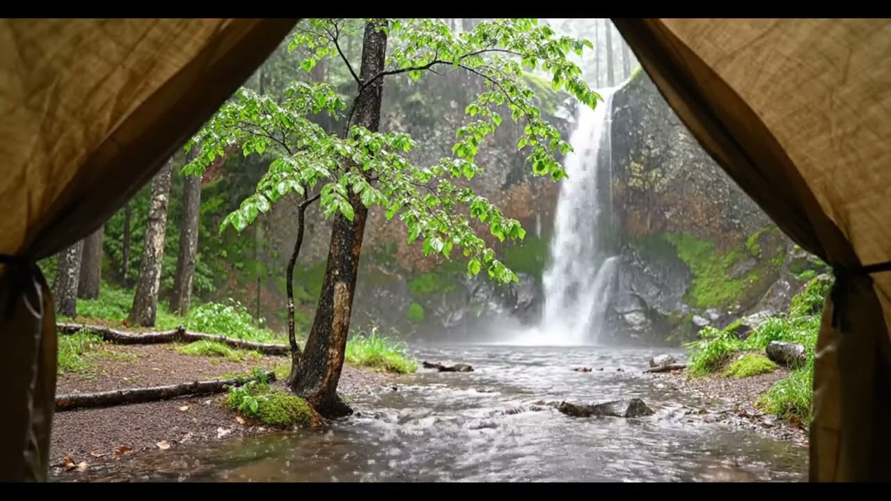 Rainy Waterfall Ambience in Forest Tent for Deep Sleep & Relaxing ASMR Sounds 10 Hours