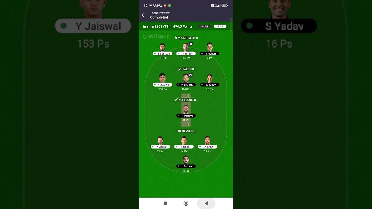 ipl ka team kal mi vs rr