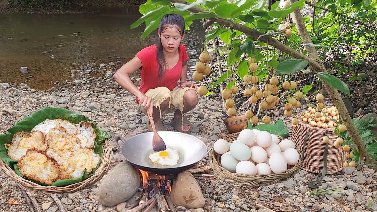 Survival in rainforest, Pick Egg and fruit for survival food, Cooking egg for dinner