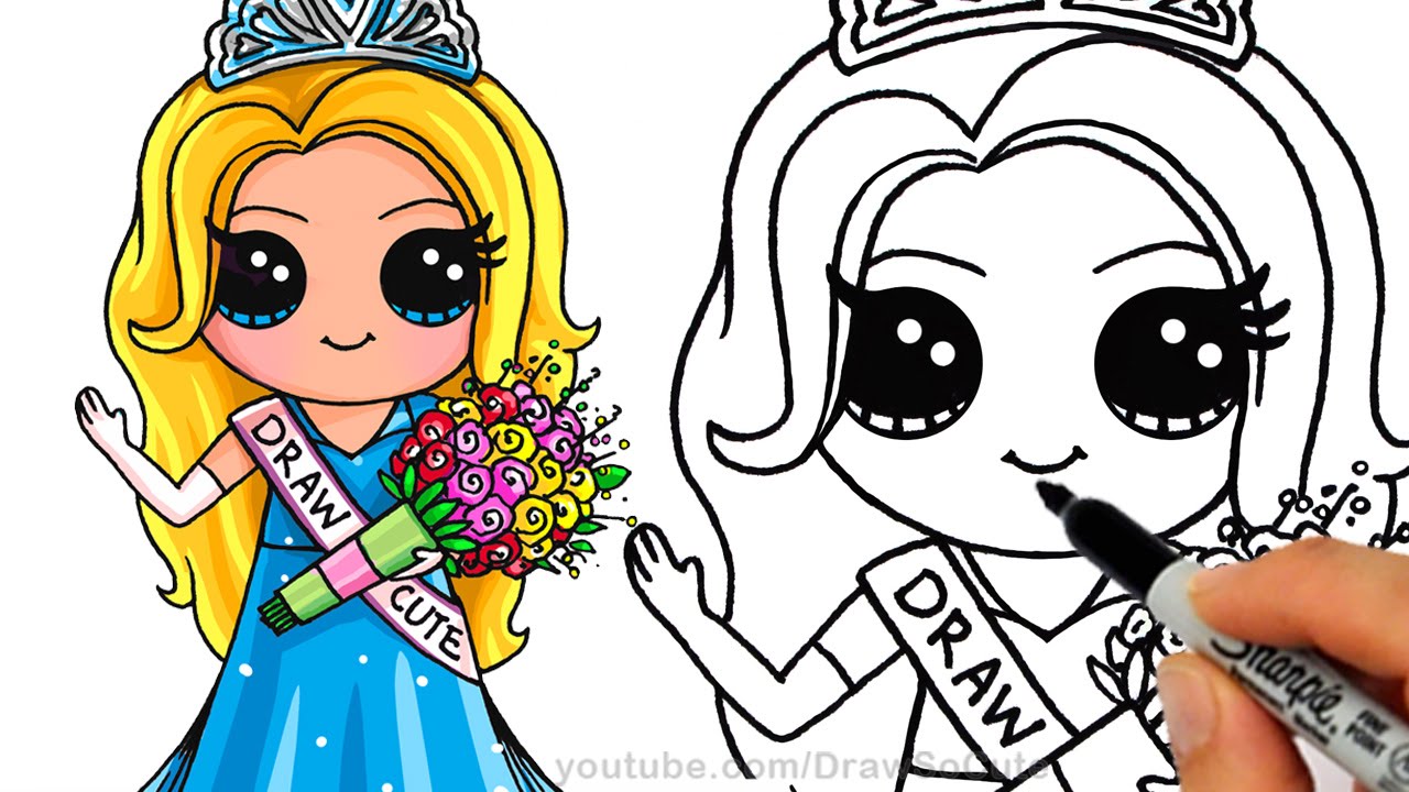 How to Draw a Pretty Girl with Crown and Beautiful Dress Cute step by