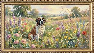 St. Bernard Dog in Wildflower Field | Framed Impressionistic TV Art Background | 2 Hour Screensaver screenshot 1