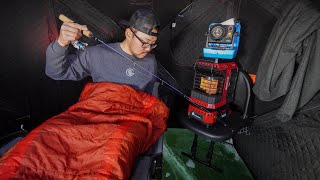 Winter Ice Camping For Walleyes in a Tiny Tent! (FISHING IN BED)