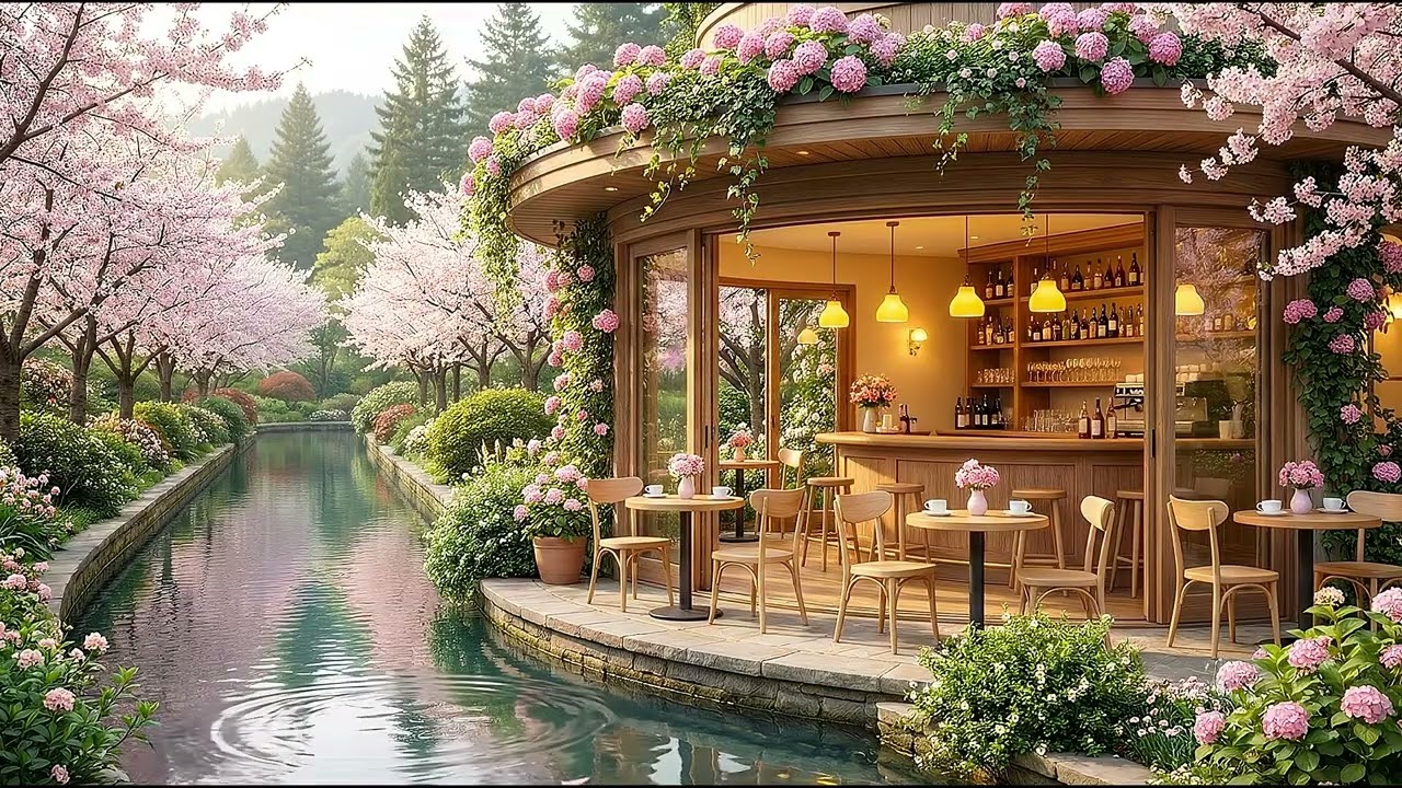A Tranquil Riverside Café under Cherry Blossoms 🌸☕ | Relax Jazz Music for Work, Study & Relax