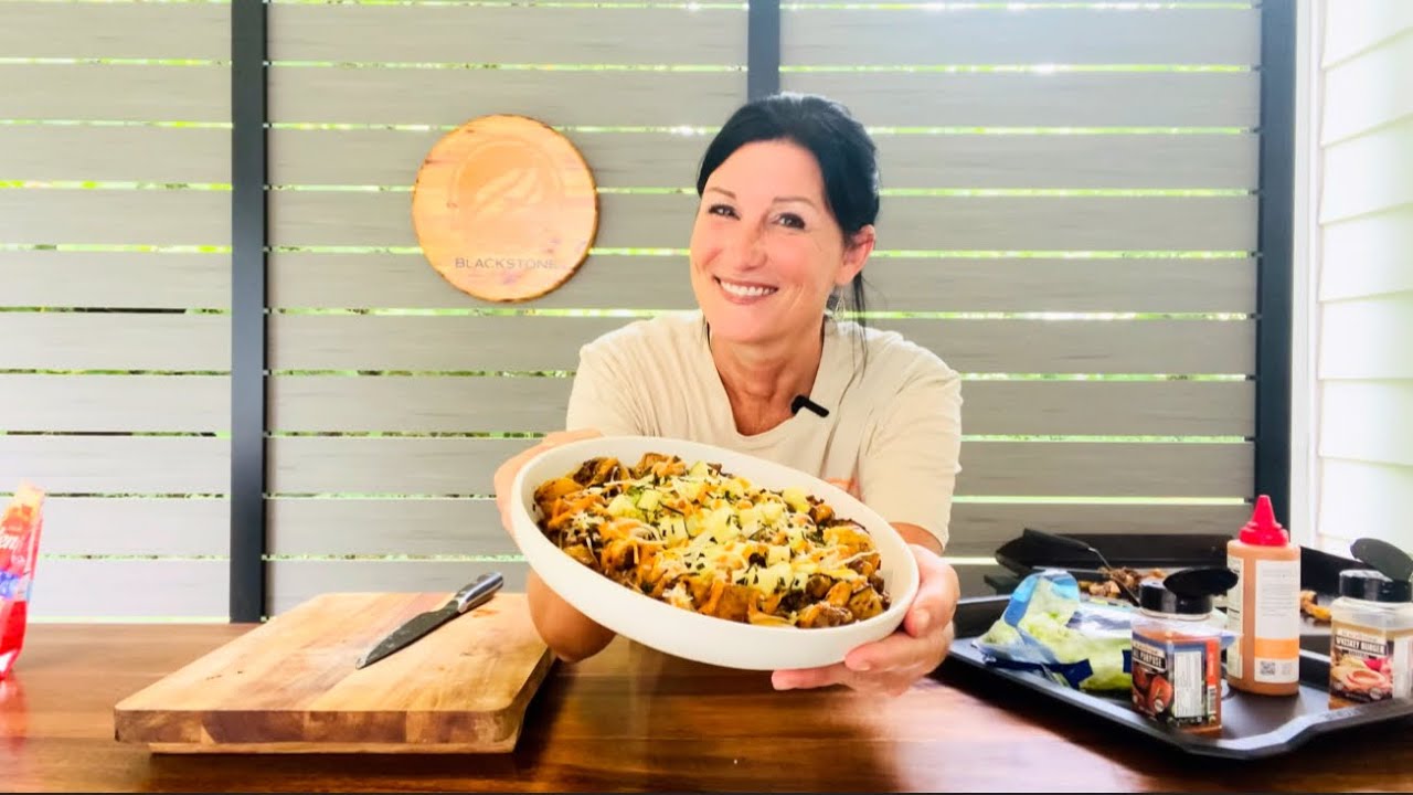 Blackstone Cheesy Potato Burger Bowls from IfYouGiveAGirlAGrill.com
