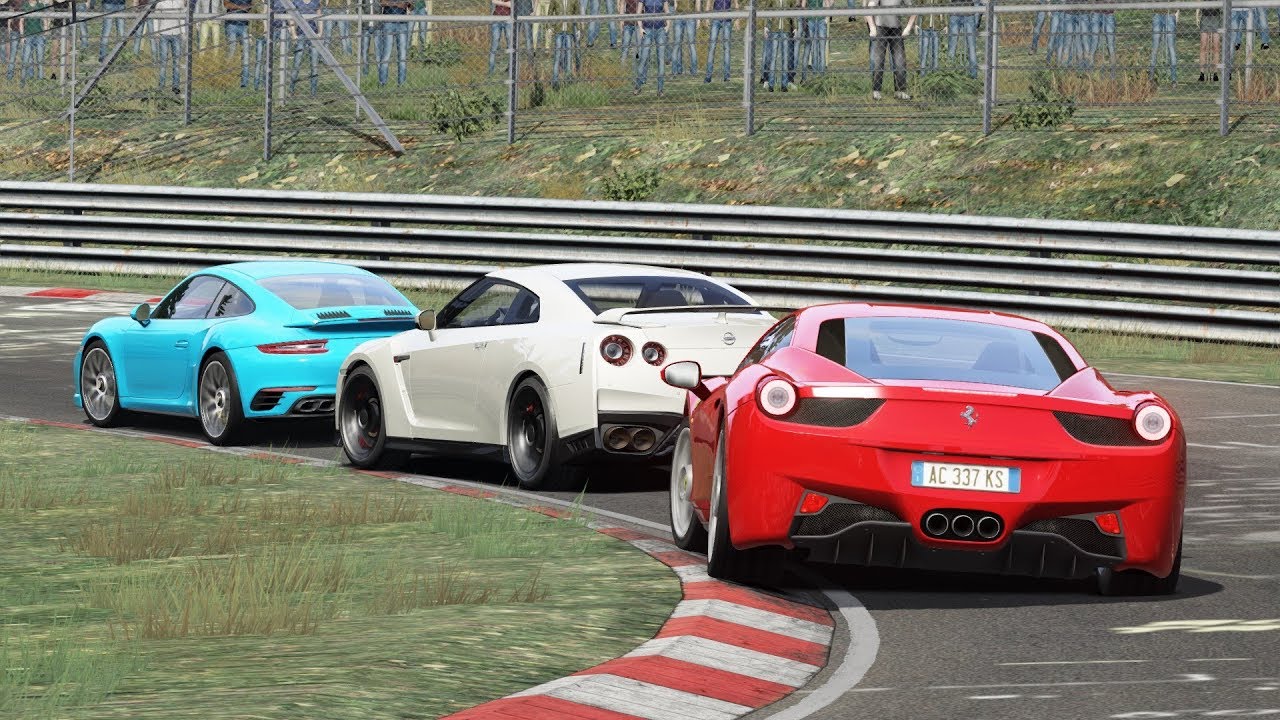 Nissan Gt R My17 Vs Ferrari 458 Italia Vs Porsche 911 Turbo S At Nürburgring Assetto Corsa