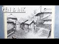 Pen and Ink Drawing : A Composition on A Village Scene | step by step strokes to follow