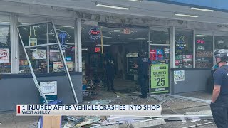 1 injured after vehicle crashes into West Ashley shop, then leaves scene