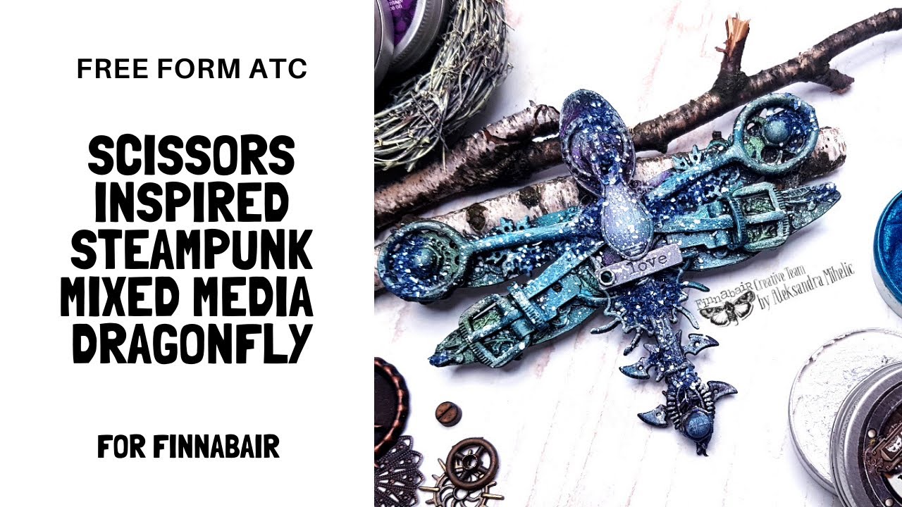 Free form mixed media ATC | Scissors inspired Steampunk animals series | Dragonfly