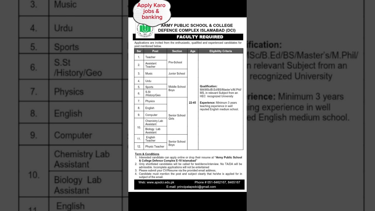 Army public School & College Islamabad teaching jobs 2025 || both male & Female 