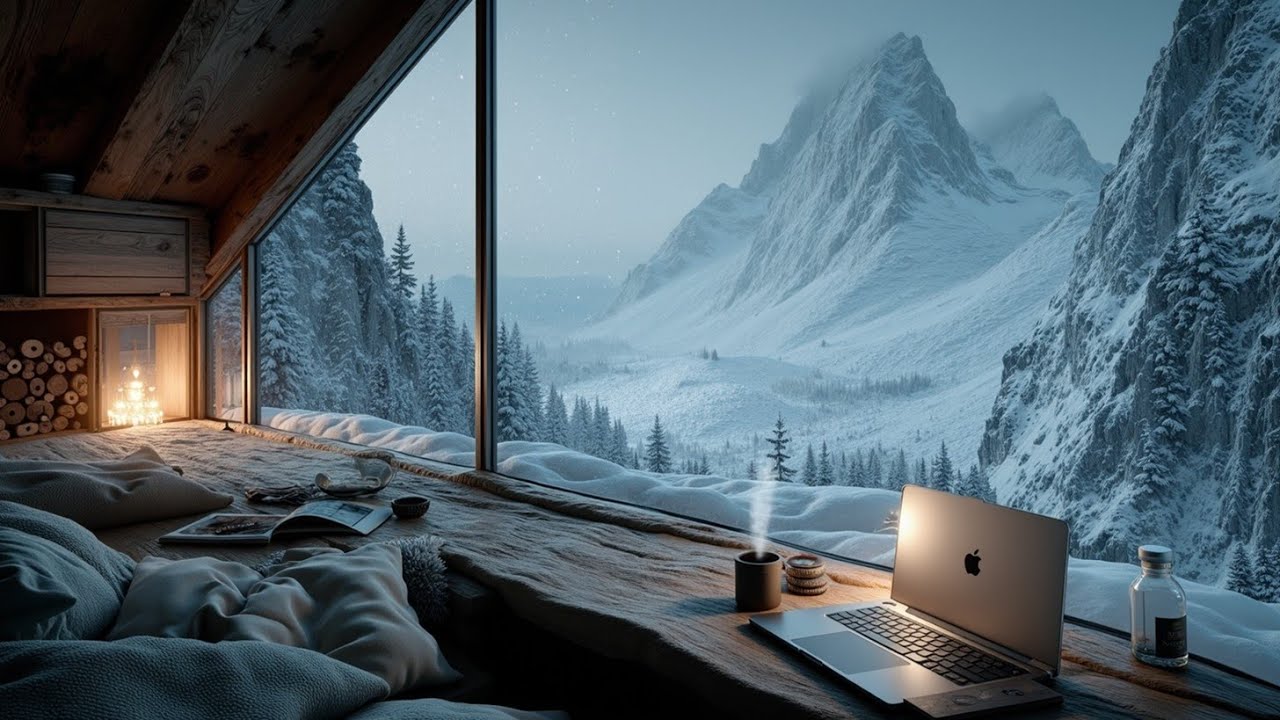 Уютная Атмосфера для Учебы в Хижине | Безмятежный Вид на Заснеженные Горы