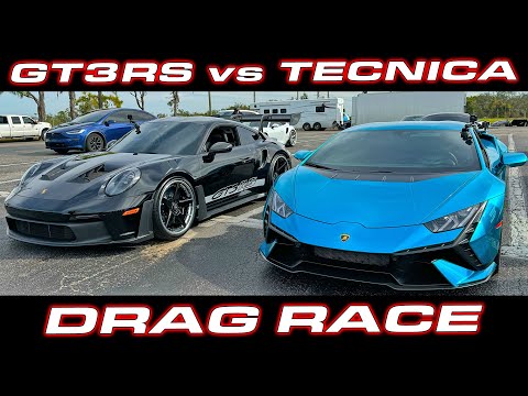 STRAIGHT PIPED GT3RS vs Tecnica * Porsche GT3RS vs Lamborghini Huracan Tecnica 1/4 Mile DRAG RACE