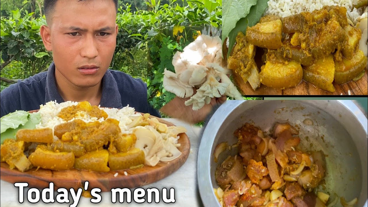 Day 1st Vlogs We have Today's menu Pork huge size curry mashroom Bamboo shot Soup hindi Kokborok 