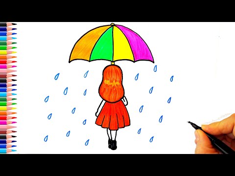 Çok Kolay Şemsiyeli Kız Çizimi - Yağmurda Yürüyen Kız Çizimi - How To Draw a Girl With Umbrella