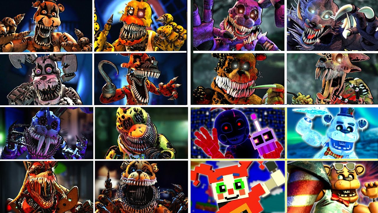 All animatronics from FNaF 1, 2, 3, 4, world, 5, 6, 7, 8, AR, 9 in