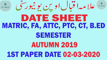 Aiou Date Sheet Semester Autumn 2019 || Matric || Fa || B.Ed || PTC