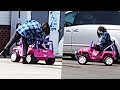 Woman Drives Toy Jeep on Main Roads to the Store